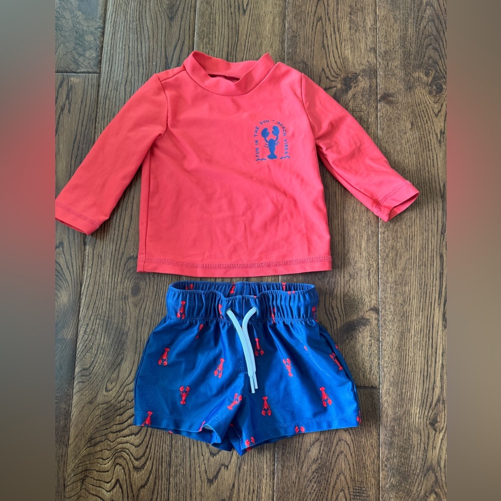 Kids Rash Guard Swim Set - Red Top & Navy Lobster Shorts